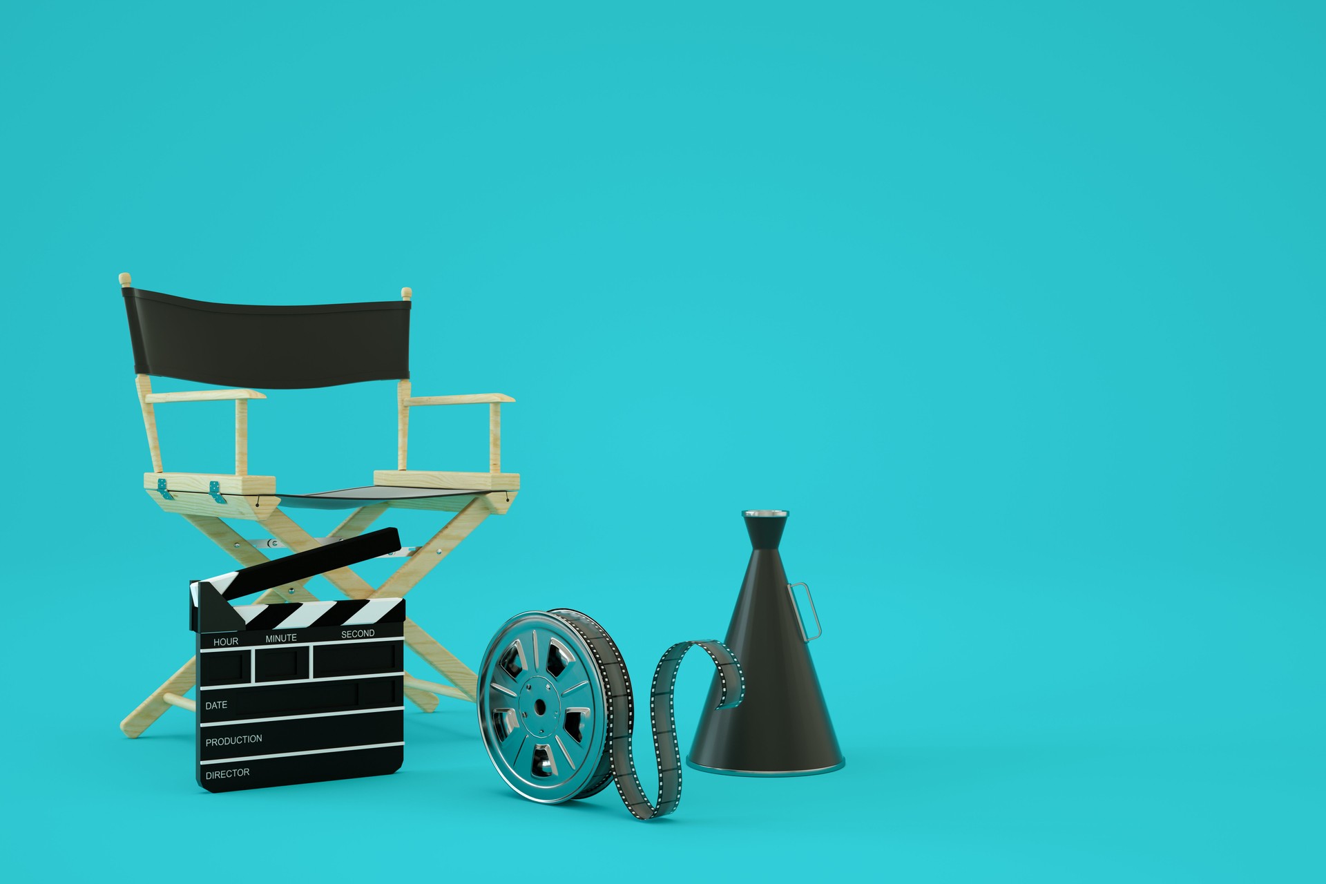Director's Chair, Film Reel and Film Slate on Blue Background